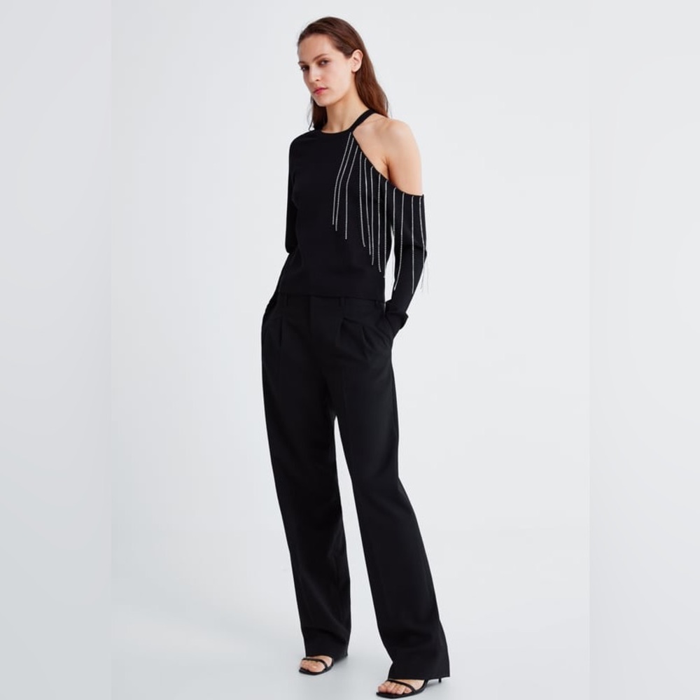 Last Chance! NWT Zara Cut Out Knit Sweater with Rhinestone Fringe Size M Black